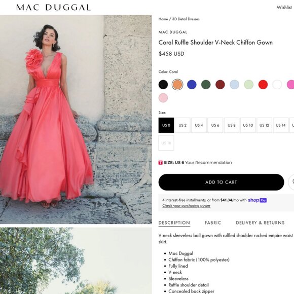 Mac Duggal 48856 Size 14 Coral Ruffle V-Neck Chiffon Ballgown Gown Maxi Dress‎ - Picture 3 of 6